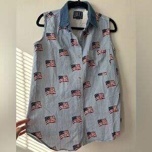 Vintage Stripe Denim Blue and White American Flag Design Button Up Top - Large